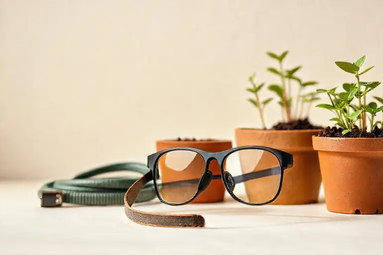 Brillenband aus elastischem Material liegt neben einer Sportbrille auf hellem Untergrund