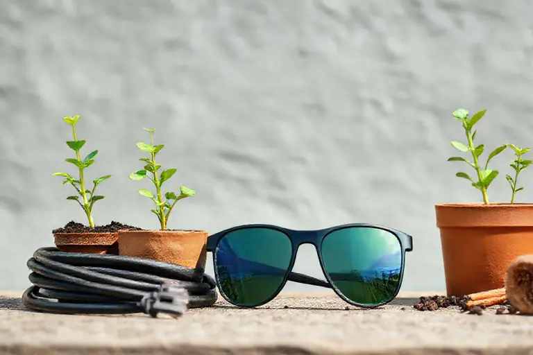 Sportbrille fürs Laufen mit getönten Gläsern auf einer Laufstrecke neben einem Paar Laufschuhe