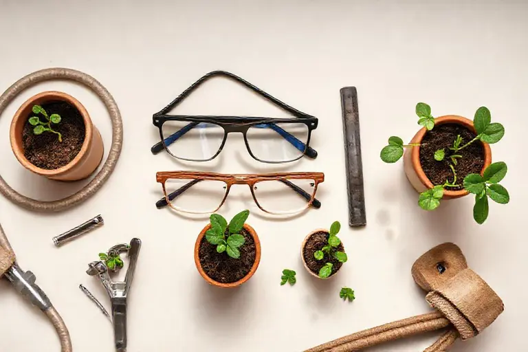 Sportbrille mit geöffneten Bügeln auf einer hellen Unterlage, daneben ein kleiner Schraubendreher