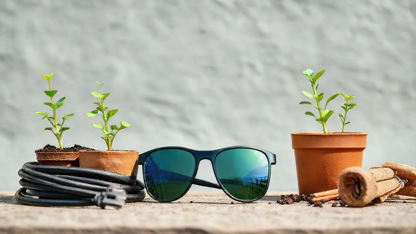 Sportbrille fürs Laufen mit getönten Gläsern auf einer Laufstrecke neben einem Paar Laufschuhe