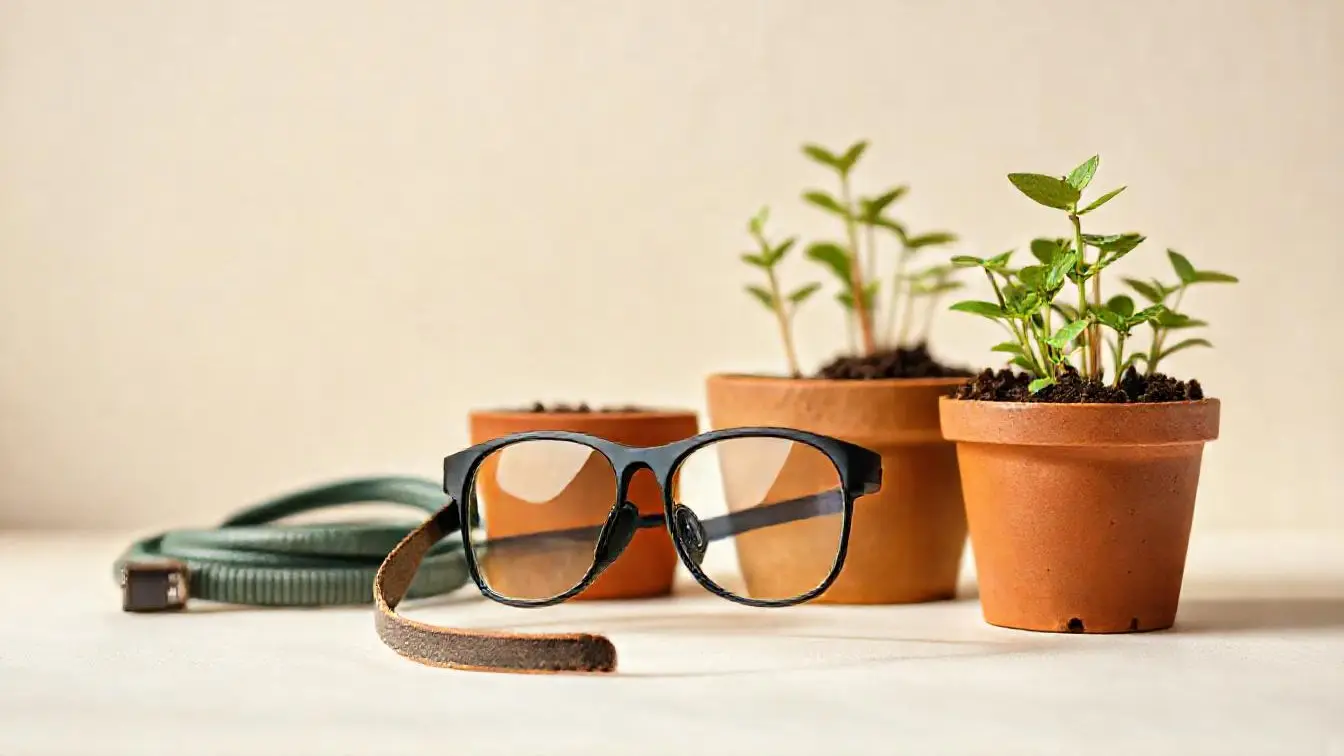 Brillenband aus elastischem Material liegt neben einer Sportbrille auf hellem Untergrund
