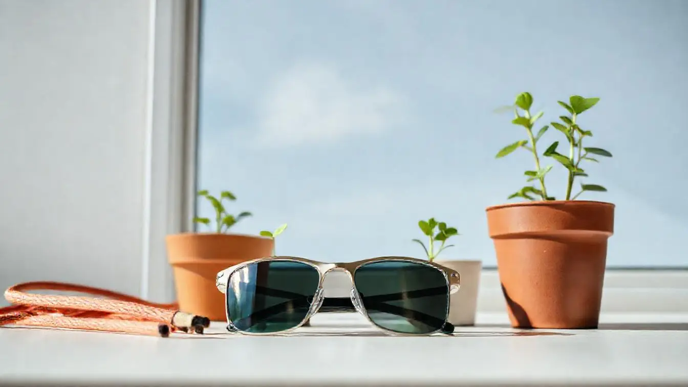 Sportbrille mit beschlagenen Gläsern neben einer Sprühflasche Antibeschlagmittel und einem Mikrofasertuch